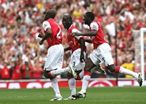 Arsenal V Derby County 2007-08 Prints: Abou Diaby celebrates scoring his goal Arsenals 1st with Bacary Sagna and Kolo Toure