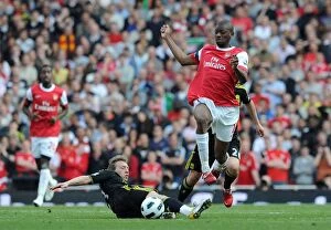 Images Dated 17th April 2011: Abou Diaby vs. Lucas Leiva: Stalemate at the Emirates, Arsenal vs