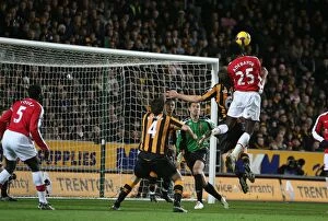 Hull City v Arsenal 2008-9 Collection: Adebayor Scores Spectacular Goal Over Myhill in Arsenal's 3-1 Victory at Hull