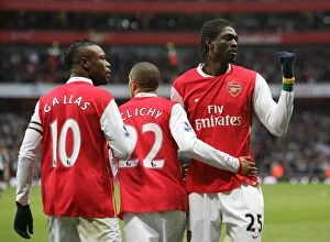 Images Dated 28th January 2008: Adebayor's Historic First Goal for Arsenal: A Triumphant Celebration with Gallas and Clichy