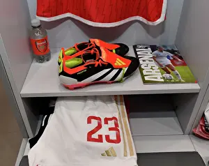 Arsenal Women V Everton Women 2023-24 Prints: Alessia Russo Unveils New Adidas Boots in Arsenal Women's Changing Room Ahead of Arsenal vs Everton
