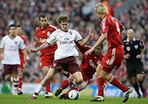 Liverpool v Arsenal 2007-8 Collection: Alex Hleb (Arsenal) Jamie Carragher and Sami Hyypia (Liverpool)
