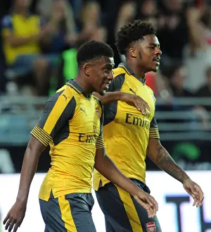 Viking FK V Arsenal 2016-17 Prints: Alex Iwobi and Chuba Akpom: Celebrating a Goal for Arsenal against Viking FK (2016-17)