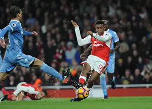 Arsenal V Stoke City 2016-17 Prints: Alex Iwobi Scores Third Goal Against Marc Muniesa in Arsenal's Victory over Stoke City (2016-17)
