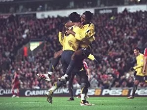 Liverpool v Arsenal - Carling Cup Collection: Alex Song celebrates scoring Arsenals 3rd goal with Johan Djourou