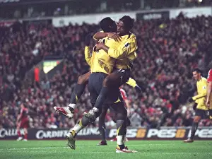 Liverpool V Arsenal - Carling Cup Prints: Alex Song celebrates scoring Arsenals 3rd goal with Johan Djourou