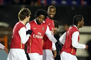 Arsenal Reserves v Chelsea Reserves 2007-08 Collection: Alex Song celebrates scoring Arsenals goal with Johan Djourou and Havard Nordtveit