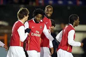 Alex Song celebrates scoring Arsenals goal with Johan Djourou and Havard Nordtveit