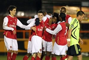 Arsenal Reserves v Chelsea Reserves 2007-08 Collection: Alex Song's Thrilling Goal Celebration with Teammates Johan Djourou, James Dunne, Rui Fonte