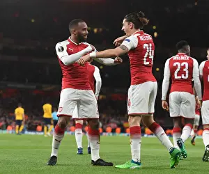 Arsenal V Atletico Madrid 2017-18 Prints: Alexis Lacazette and Hector Bellerin Celebrate Arsenal's Goal Against Atletico Madrid in Europa League Semi-Final