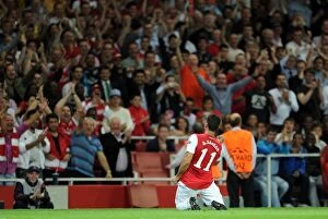 Arsenal v Olympiacos 2011-12 Collection: Andre Santos celebrates scoring Arsenals 2nd goal. Arsenal 2: 1 Olympiacos