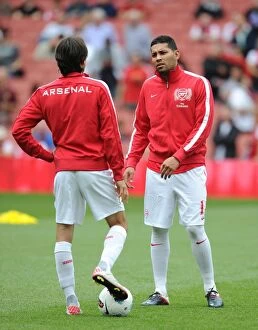 Images Dated 10th September 2011: Andre Santos and Yossi Benayoun (Arsenal) before the match. Arsenal 1: 0 Swansea City