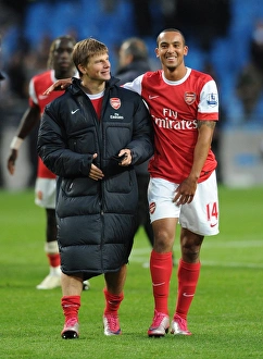 Andrey Arshavin and Theo Walcott (Arsenal) celebrate after the match. Manchester City 0 Andrey Arshavin and Theo Walcott (Arsenal) celebrate after the match. Manchester City 0