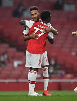 Arsenal v Leicester City 2019-20 Collection: Arsenal: Aubameyang and Saka's Unforgettable Goal Celebration vs Leicester City (2019-20)