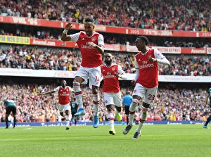 Arsenal v Burnley 2019-20 Collection: Arsenal: Aubameyang and Willock Celebrate Goals Against Burnley (2019-20)