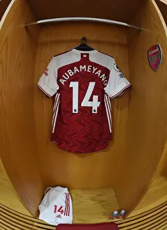Arsenal: Aubameyang's Emirates Jersey in the Changing Room (Arsenal v West Ham United, 2020-21)