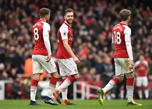 Arsenal V Stoke City 2017-18 Prints: Arsenal: Calum Chambers and Aaron Ramsey in Deep Conversation during Arsenal v Stoke City Match