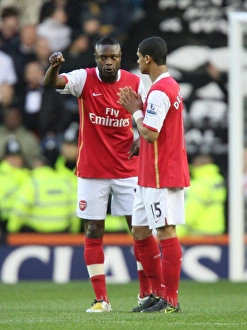 Derby County v Arsenal 2007-8 Collection: Arsenal captain William Gallas talks with Denilson before the match