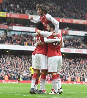 Arsenal V Watford 2017-18 Prints: Arsenal Celebrate: Aubameyang, Elneny, Kolasinac Score against Watford (2017-18)