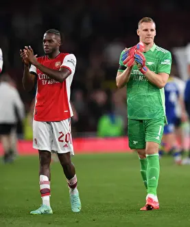 Arsenal V AFC Wimbledon 2021-22 Prints: Arsenal Celebrate Carabao Cup Victory Over AFC Wimbledon: Nuno Tavares and Bernd Leno