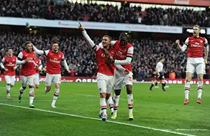 Arsenal V Liverpool - FA Cup 2013-14 Prints: Arsenal Celebrate Double Strike: Podolski and Sanogo vs Liverpool (FA Cup 2013-14)