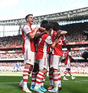 Arsenal v Leeds United 2021_22 Collection: Arsenal Celebrate Eddie Nketiah's Goal Against Leeds United: Rob Holding Joins in the Excitement