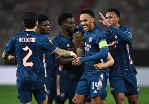 Arsenal Celebrate First Goal Against Olympiacos in Europa League Round of 16 (Martin Odegaard, Hector Bellerin, Thomas Partey, Bukayo Saka, Pierre-Emerick Aubameyang, Gabriel)