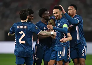 Arsenal Celebrate First Goal Against Olympiacos in Empty Karaiskakis Stadium, UEFA Europa League Round of 16