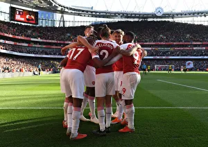 Arsenal V Watford 2018-19 Prints: Arsenal Celebrate First Goal: Ozil, Lacazette, Bellerin (Arsenal v Watford, 2018-19)