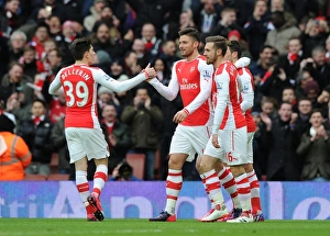 Arsenal V Aston Villa 2014-15 Prints: Arsenal Celebrate: Giroud, Bellerin, Ramsey Score Against Aston Villa (2014-15)