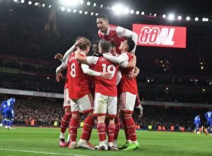 Arsenal v Everton 2022-23 Collection: Arsenal Celebrate Four Goals: Martin Odegaard, Bukayo Saka, Leandro Trossard