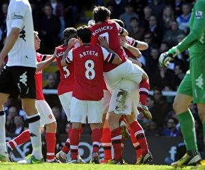 Images Dated 20th April 2013: Arsenal Celebrate Per Mertesacker's Goal vs Fulham (2013)