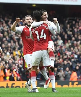 Images Dated 11th March 2018: Arsenal Celebrate: Mkhitaryan, Kolasinac, Aubameyang Score Against Watford (2017-18)