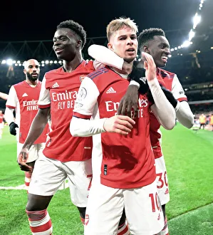 Arsenal V West Ham United 2021-22 Prints: Arsenal Celebrate: Smith Rowe, Saka, and Nketiah Score Against West Ham in Premier League