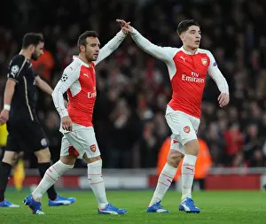Arsenal Celebrates First Goal Against Dinamo Zagreb in 2015-16 UEFA Champions League: Santi Cazorla and Hector Bellerin
