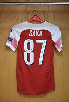 Arsenal V Qarabag 2018-19 Prints: Arsenal Changing Room: Buyako Sakas Shirt Hang Ahead of Arsenal vs Qarabag UEFA Europa League Match