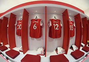Images Dated 1st March 2023: Arsenal Changing Room: Gabriel and Saliba Shirts Before Arsenal v Everton, Premier League 2022-23