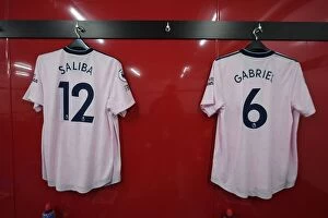Crystal Palace v Arsenal 2022-23 Collection: Arsenal Changing Room: Saliba and Gabriel's Shirts Before Crystal Palace Clash (2022-23)