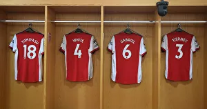 Arsenal Changing Room: Tierney, Tomiyasu, White, and Gabriel's Shirts Ready for Arsenal v Norwich City (2021-22)