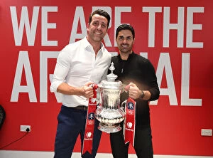 Images Dated 1st August 2020: Arsenal and Chelsea FA Cup Final: Edu and Arteta Celebrate Title Win in Empty Wembley Stadium