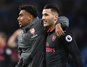 Burnley V Arsenal 2017-18 Prints: Arsenal Duo Alex Iwobi and Sead Kolasinac Share a Moment after Burnley Victory