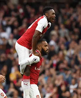 Arsenal V Leicester City 2017-18 Prints: Arsenal Duo Alexis Lacazette and Danny Welbeck Celebrate First Goals of 2017-18 Season Against Leicester City