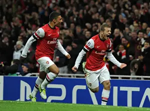Arsenal V Montpellier 2012-13 Prints: Arsenal Duo: Jack Wilshere and Alex Oxlade-Chamberlain Celebrate First Goals Against Montpellier (2012-13)