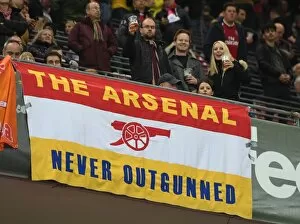 Arsenal fans flags in the stadium before the match. FC Koln 1: 0 Arsenal. UEFA Europa Cup