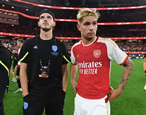 Arsenal and FC Barcelona Face Off in Pre-Season Friendly at SoFi Stadium: Declan Rice and Emile Smith Rowe Celebrate