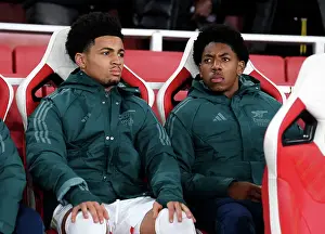 Arsenal V RC Lens 2023-24 Prints: Arsenal FC Bench: Ethan Nwaneri and Myles Lewis-Skelly vs RC Lens