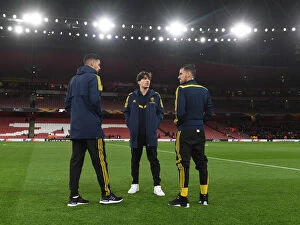Images Dated 27th February 2020: Arsenal FC: Hector Bellerin, Dani Ceballos, and Pablo Mari Pre-Match Huddle vs Olympiacos FC