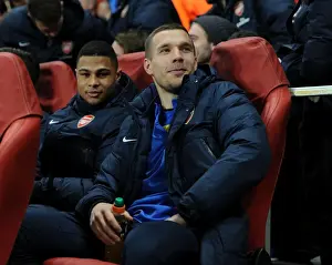 Arsenal V Bayern Munich 2013-14 Prints: Arsenal FC: Lukas Podolski and Serge Gnabry before the Arsenal v FC Bayern Munchen UEFA Champions League Clash