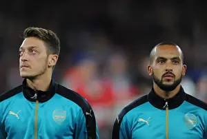 Arsenal V Olympiacos 2015/16 Prints: Arsenal FC: Mesut Ozil and Theo Walcott Pre-Match Huddle vs Olympiacos FC