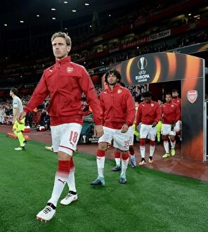 Arsenal v FC Köln 2017-18 Collection: Arsenal FC: Nacho Monreal and Mohamed Elneny Prepare for FC Koeln Clash in Europa League (2017)